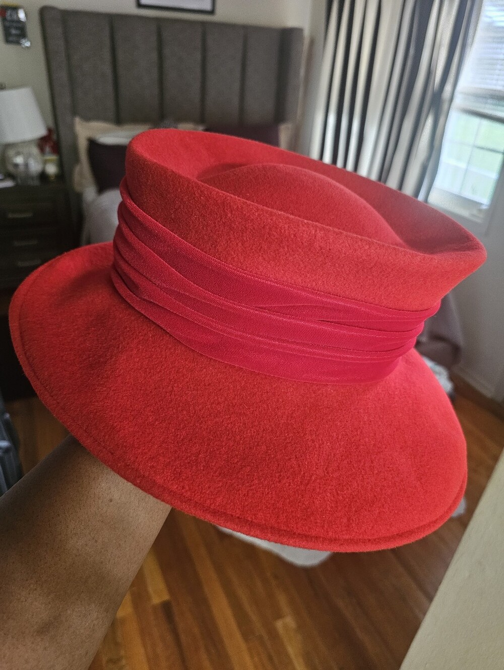 Vintage Eric Javits Red Wool Felt Pillbox Hat